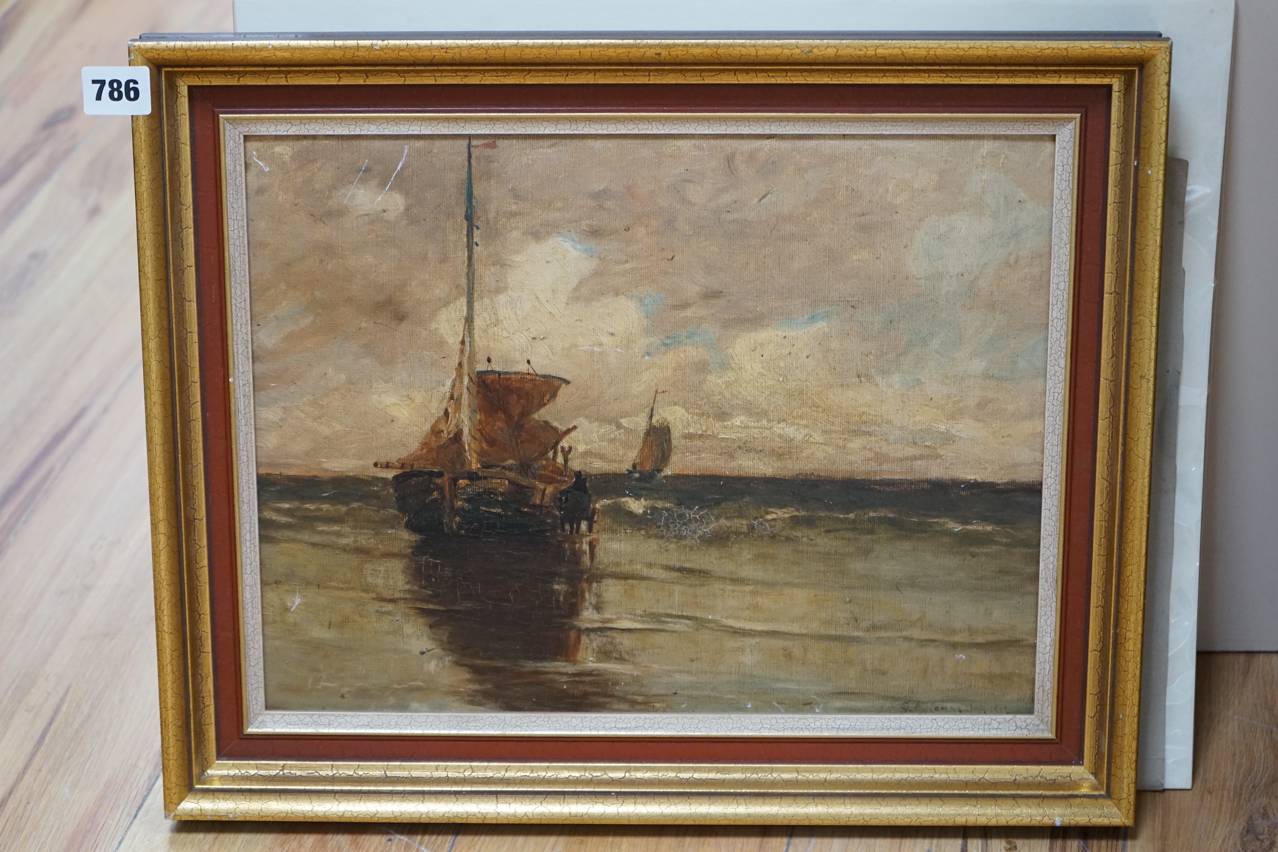 20th century, oil on canvas board, Seascape with fishing boats, unsigned, 28 x 37cm. Condition - poor to fair